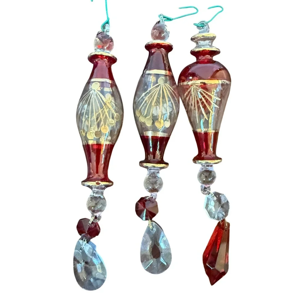 Set‎ of 3 Vintage Hand Blown Glass Ornaments Red Gold Teardrop Drop 10